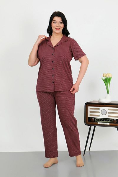 Akbeniz Women's Plus Size Cotton Pocket Buttoned Purple Pajama Set 202507