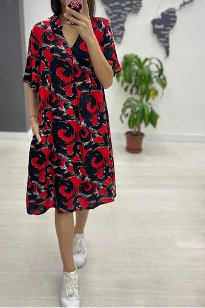 AYASOFYA OTANTIK Women's Black Red Shirt Collar Patterned Short Sleeve Dress with Hidden Side Pocket