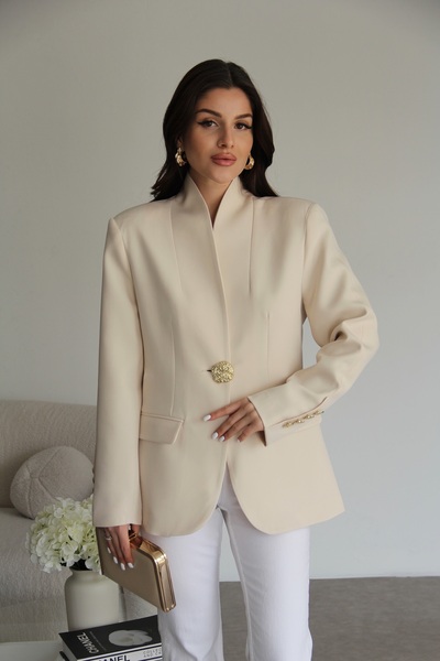 Julidress Premium Blazer Jacket with Cream Shawl Collar, Large Metal Gold Buttons, Ornamental Pockets on the Front