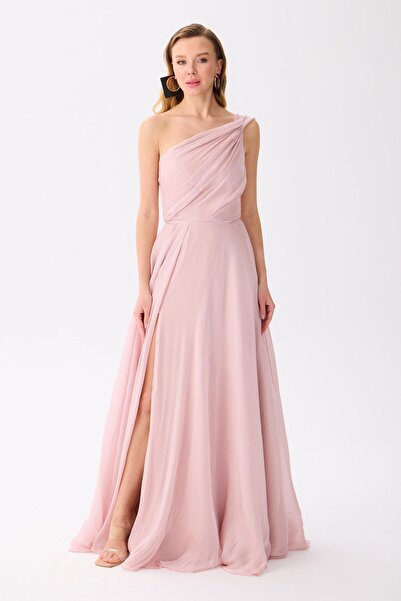 Carmen Pudra Tek Kol Kuyruklu Saten Abiye Elbise