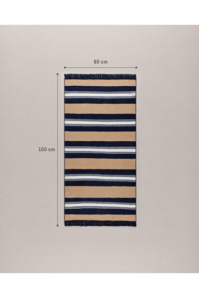 Madame Coco Rosée Pamuklu Saçaklı Dokuma Kilim - Bej/Lacivert - 60x100 cm