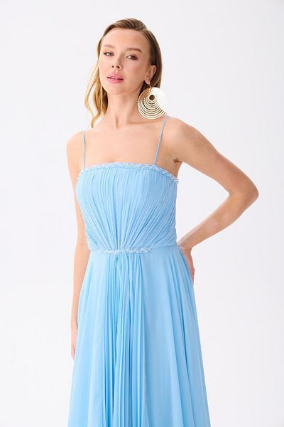 Carmen Baby Blue Strappy Embroidered Chiffon Evening Dress
