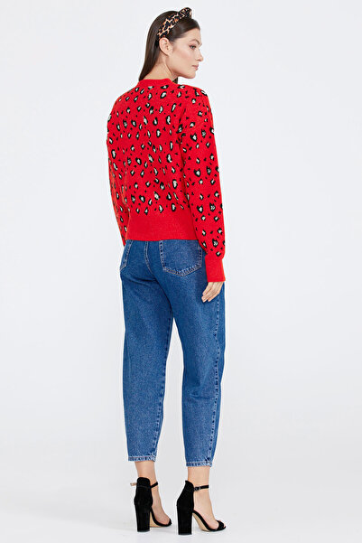 Sementa Women's Leopard Patterned Knitwear Cardigan - Red - Black