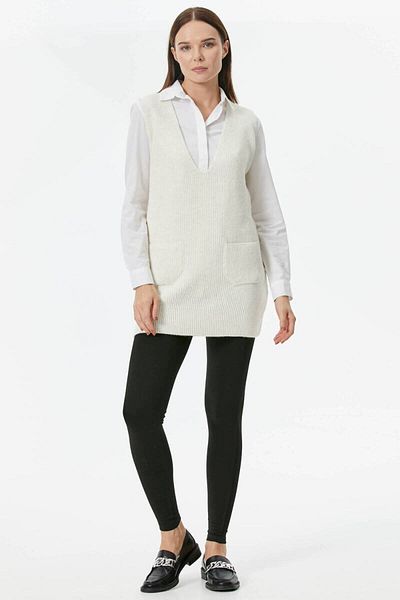Sementa Deep V-Neck Long Knitwear Sweater with Pockets - Bone