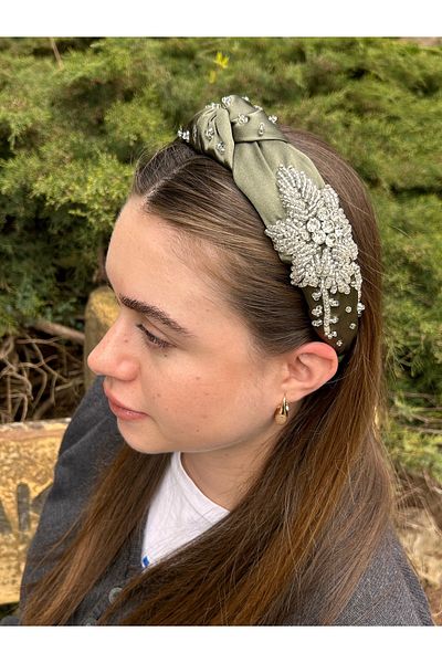 ByMerve Hand Embroidered Satin Khaki Green Silver Embroidered Evening Dress Engagement Invitation Women's Hair Crown