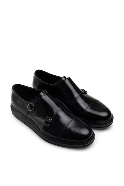 Deery Genuine Leather Black Double Buckle Casual Men's Shoes