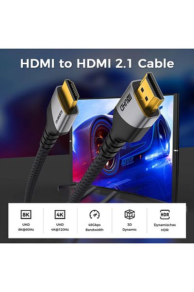 Kablenix 2M 2.1 HDMI Cable with Gold Plated Connectors, 8K 60Hz Resolution, Braided Design