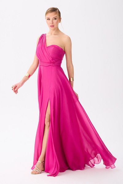 Carmen Fuchsia One Sleeve Slit Chiffon Evening Dress