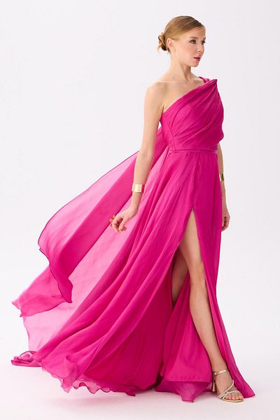 Carmen Fuchsia One Sleeve Satin Evening Dress with Train