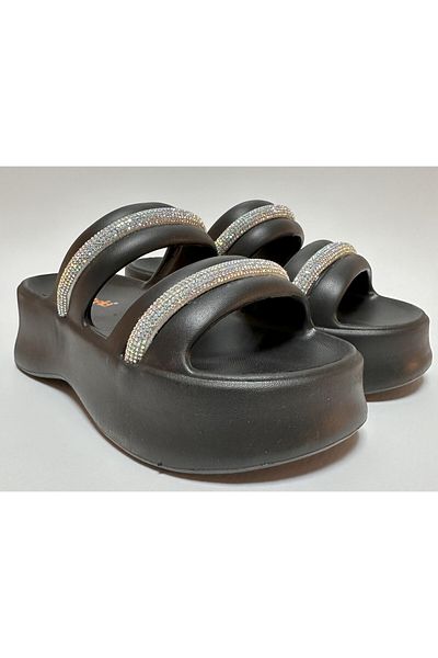 AkınalBella Eva Black Double Banded Strip Stone Detail Platform Heel Comfortable and Lightweight Women's Daily Home Street Slippers
