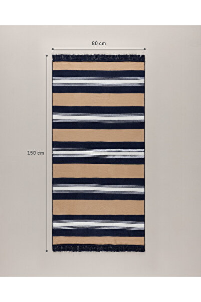 Madame Coco Rosée Pamuklu Saçaklı Dokuma Kilim - Bej/Lacivert - 80x150 cm