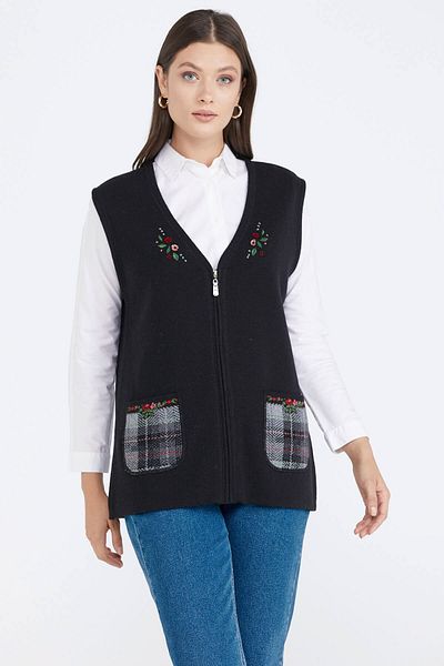 Sementa Zippered Knitwear Vest with Pockets - Black