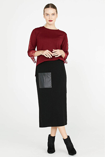 Sementa Δερμάτινη Λεπτομερής Πλεκτή Φούστα Μίντι - Μαύρη