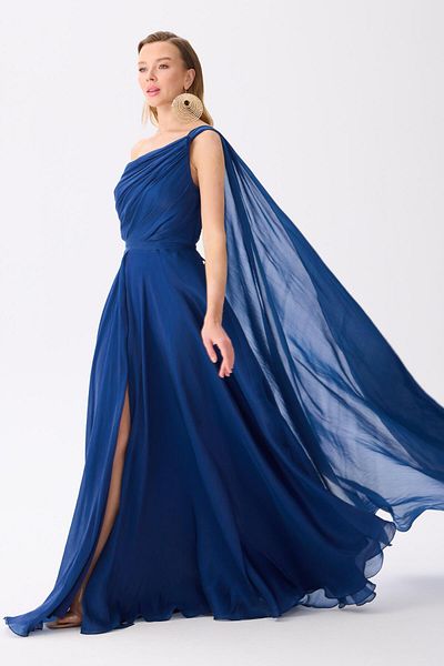 Carmen Navy Blue One Sleeve Satin Evening Dress