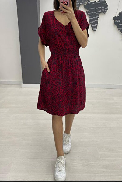 AYASOFYA OTANTIK Жіноча бордова сукня з V-подібним вирізом, кишенями та корот...