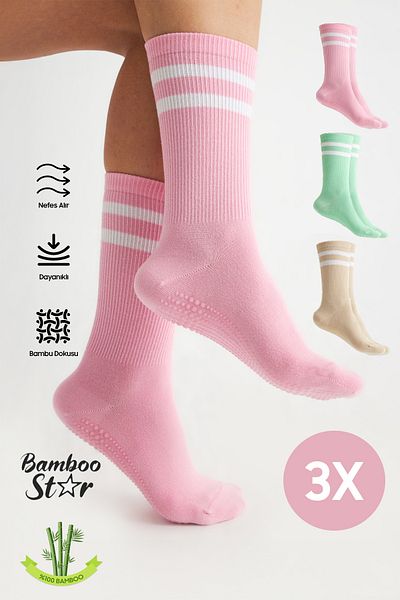 bamboo star Bamboo Women's Anti-Slip Sole Silicone Print Yoga Fitness Pilates Ballet Dance Non-Slip Tennis Socks 3-Piece