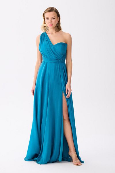 Carmen Petrol One Sleeve Slit Chiffon Evening Dress