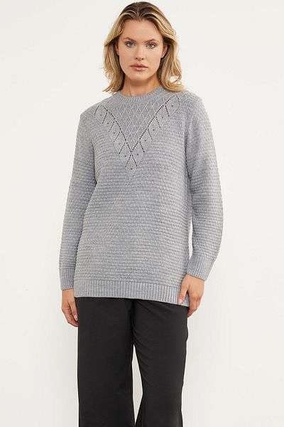 Sementa Pulover din tricot Fagure cu Motiv Frunze - Gri