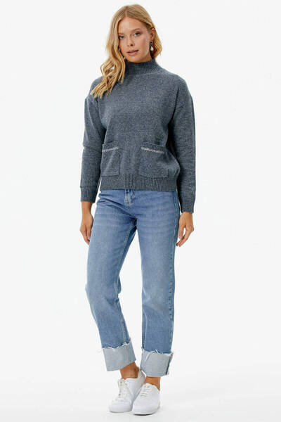 Sementa Dik Yaka Cepli Triko Kazak - Gri