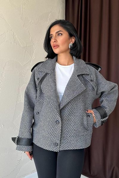 Miracle Omni Gray Striped Leather Garnished Jacket