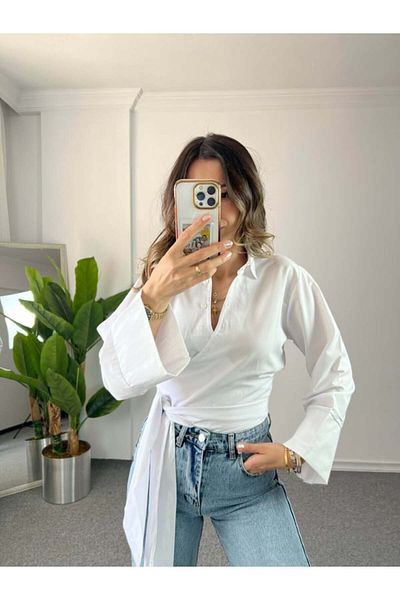 fmnbutik spaniolă cu mânecă evazată cu nasturi încrucișați design cu detalii Pinterest echivalent cămașă cu curea lată cu talie