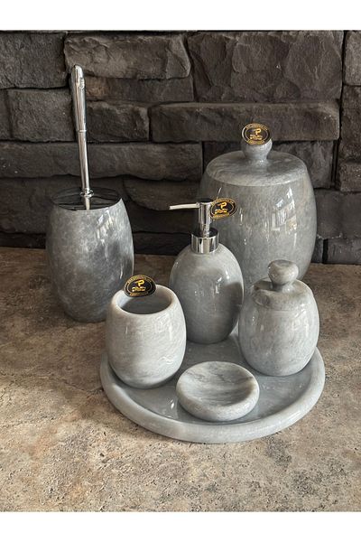 Polen Stone 7 Piece Natural Gray Marble Oval Model Bathroom Set