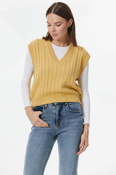Sementa V-Neck Braided Knitwear Sweater - Dark Yellow