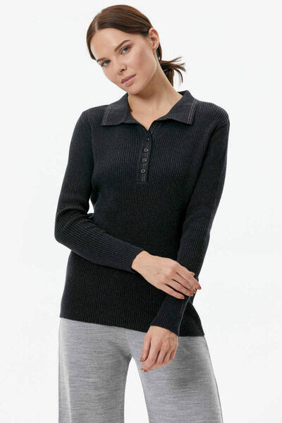 Sementa Pulover cu guler polo cu nasturi din tricotaje - Antracit