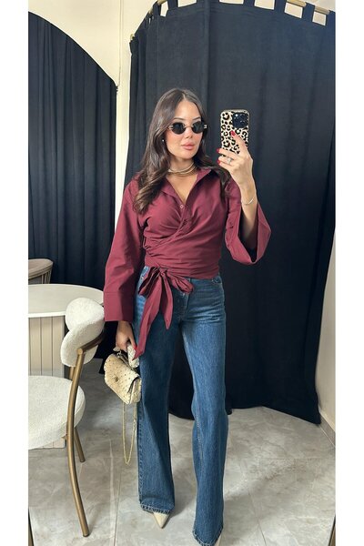 FMN Collection قميص بوتوني برقبة واقفة وأكمام فضفاضة مكافئ لدبوس الخصر وشاح ك...