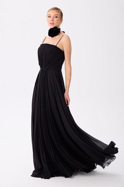 Carmen Black Strap Embroidered Chiffon Evening Dress