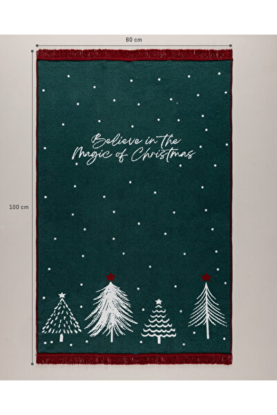 Madame Coco Feuille Pamuklu Saçaklı Dokuma Kilim - Yeşil/beyaz - 60x100 Cm