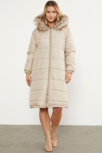 Sementa Штучне хутро з капюшоном довге пальто - камінь