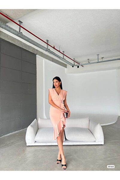 Modafeminen Kruvaze Yaka Scuba Volanlı Elbise Pudra 581663