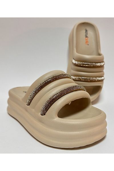 AkınalBella Beige Platform Heel Strip Stone Detail Comfortable and Soft Eva Women's Daily Home and Street Slippers
