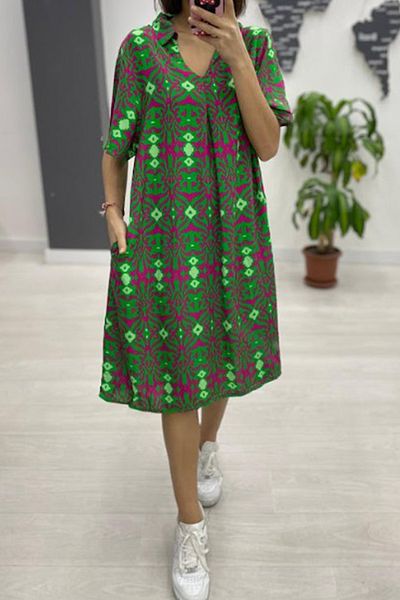 AYASOFYA OTANTIK Women's Green Fuchsia Shirt Collar Patterned Short Sleeve Dress with Hidden Side Pocket