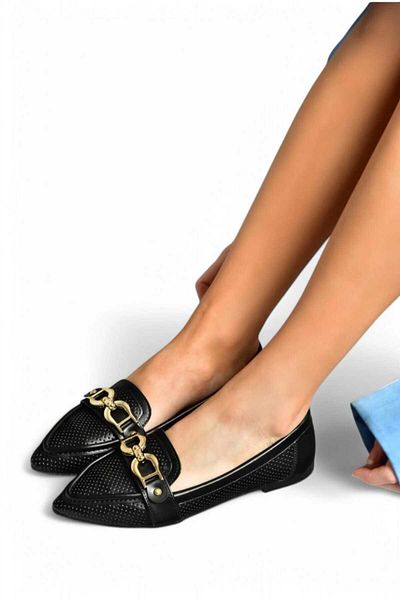 Lideral Balerini confortabili de damă negri, cu cataramă, perforați, eleganti, comozi, ortopedici, pantofi de zi cu zi