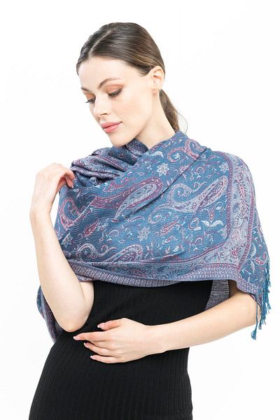 K&B PASHMINA Şal de caşmir cu model verde petrol pentru femei