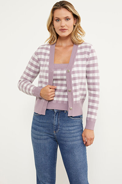 Sementa Блуза з квадратним візерунком, кардиган, трикотажний комплект - Троянда