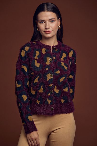 Sementa Cardigan din tricotaje cu barbă cu model leopard burgundy