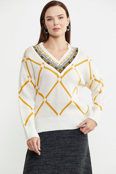 Sementa Wool Knitwear Sweater - Jacquard and Multi-Pattern, Bone Model