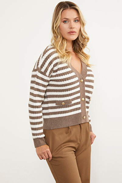 Sementa Ζακέτα πλεκτό με ριγέ λεπτομέρεια τσέπης - Milk Coffee