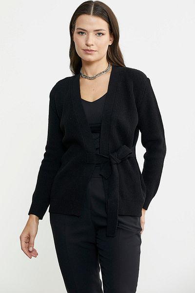 Sementa Cardigan din tricotaje din lână cu curea dublu - negru