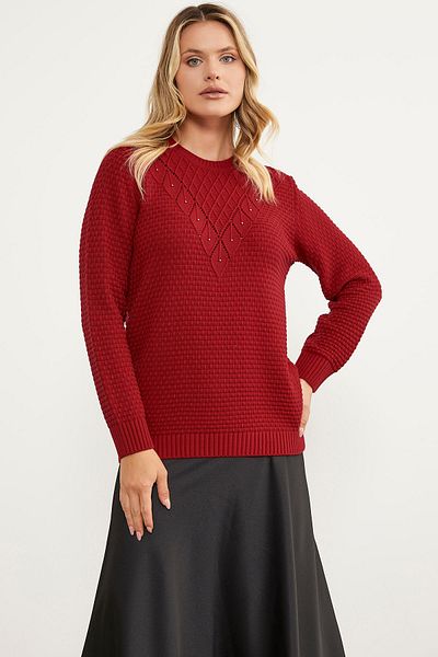 Sementa Pulover din tricot Fagure cu Motiv Frunze - Roșu