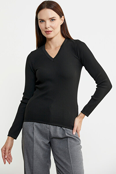Sementa Black Basic Corded V-Neck Knitwear Sweater