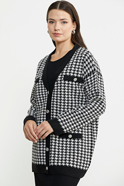 Sementa Black Oversize Knitwear Jacket - Houndstooth Motif