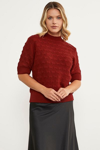 Sementa Bow Patterned Short Sleeve Knitwear Sweater - Red