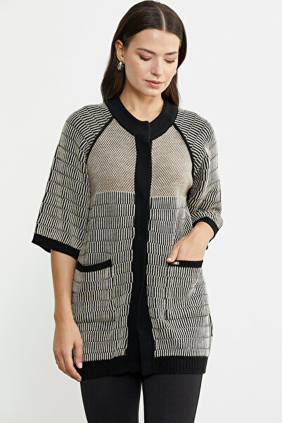 Sementa Black Long Wool Knitwear Cardigan - Short Sleeve and Snap Fastener