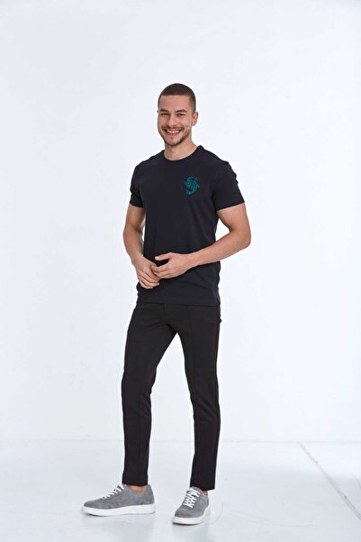 Voltaj Бавовняна футболка з велосипедним коміром і вишивкою рибок, темно-синя