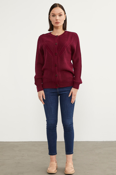 Sementa Honeycomb Knitted Buttoned Knitwear Cardigan - Claret Red