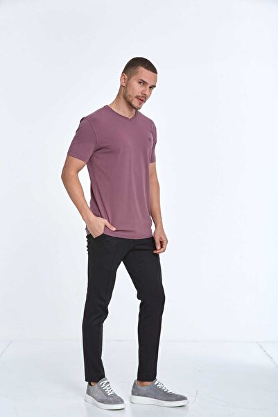 Voltaj Вишита бавовняна футболка з V-подібним вирізом для чоловіків Plum